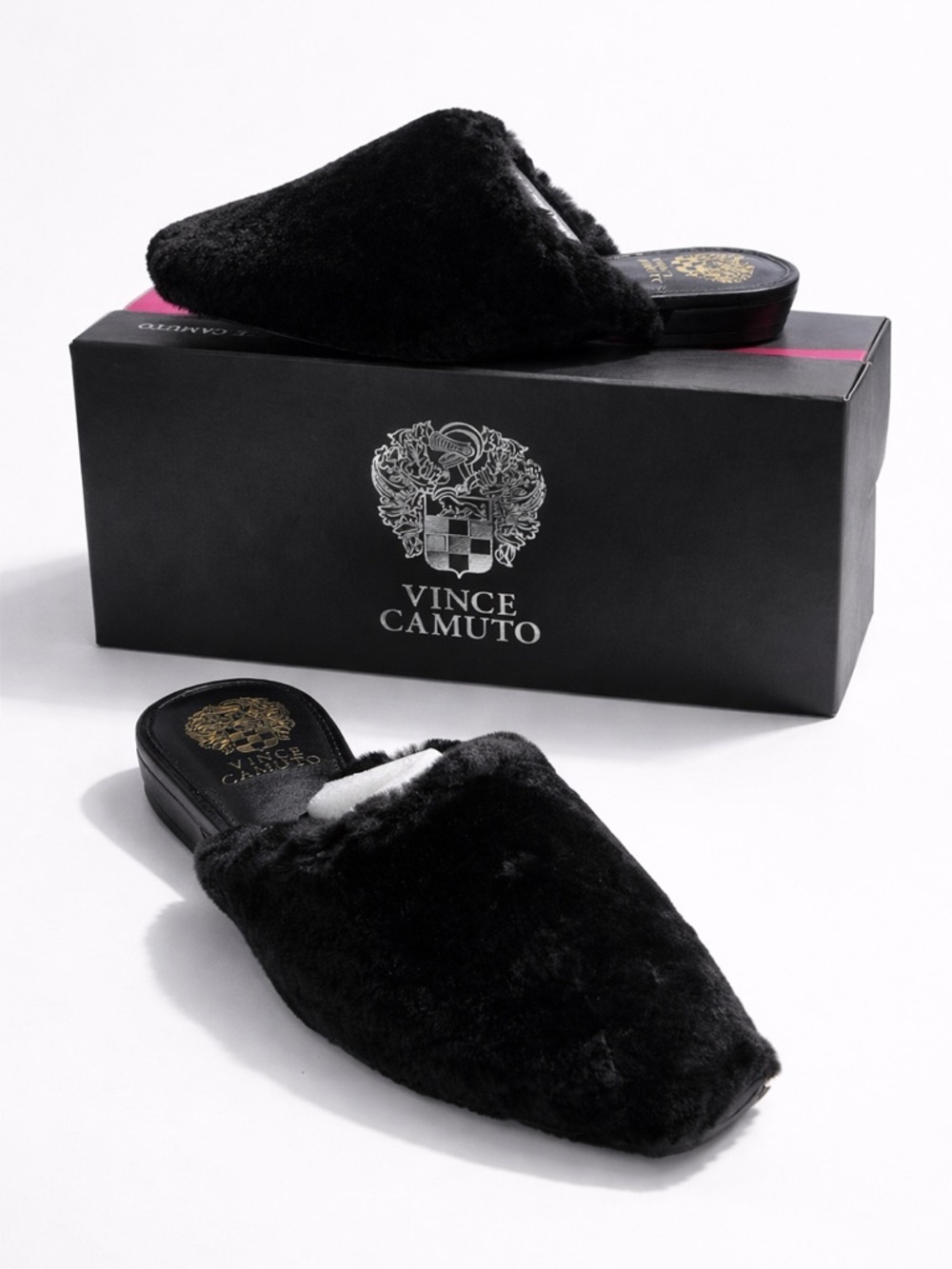 Vince Camuto Black Plush Backless Slippers